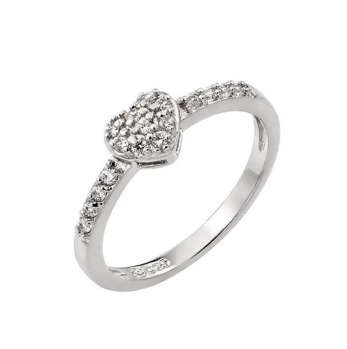 Rhodium Plated 925 Sterling Silver Clear Inlay CZ April Birthstone Heart Ring – BGR00784APR