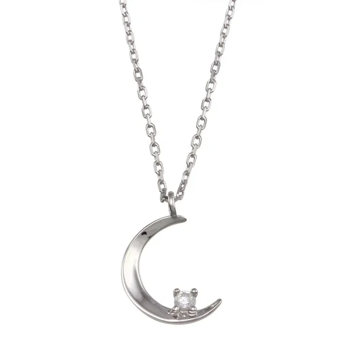Rhodium Plated 925 Sterling Silver Crescent CZ Necklace – GMN00118