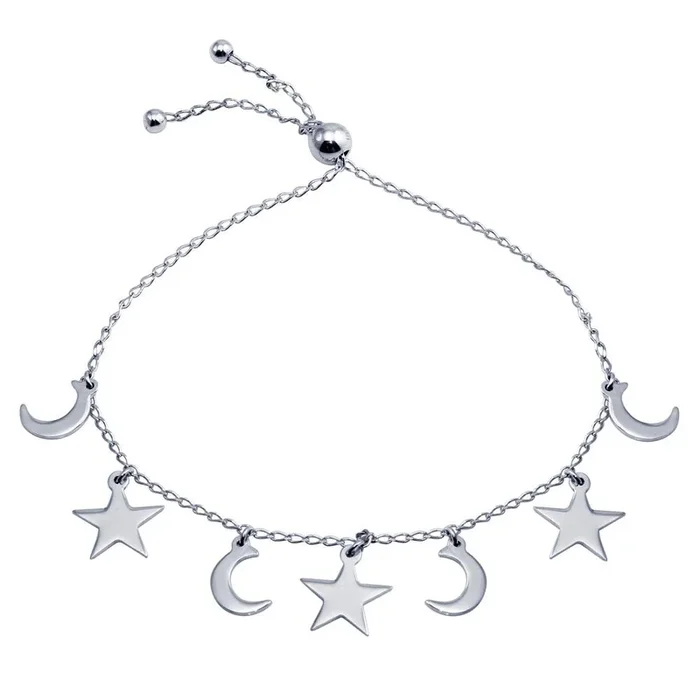 Rhodium Plated 925 Sterling Silver Crescent, Heart and Star Dangling Bracelet – DIB00074RH