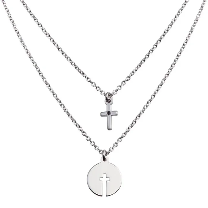 Rhodium Plated 925 Sterling Silver Cross and Cross Cutout Pendant Necklace – SOP00153