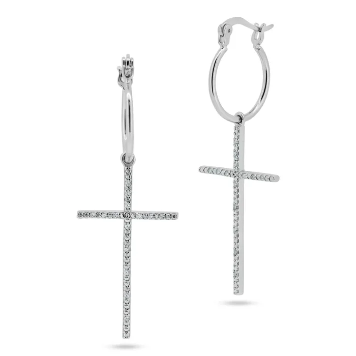 Rhodium Plated 925 Sterling Silver Cross CZ Dangling hoop Earring – STE01357