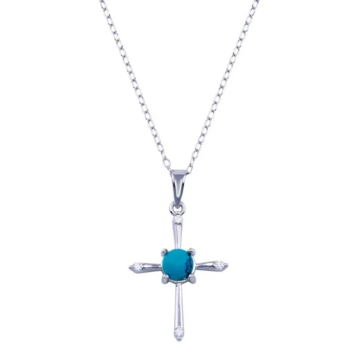 Rhodium Plated 925 Sterling Silver Cross Turquoise CZ Necklace – BGP01415