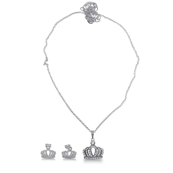 Rhodium Plated 925 Sterling Silver Crown Necklace and Earrings Set with CZ – BGS00533