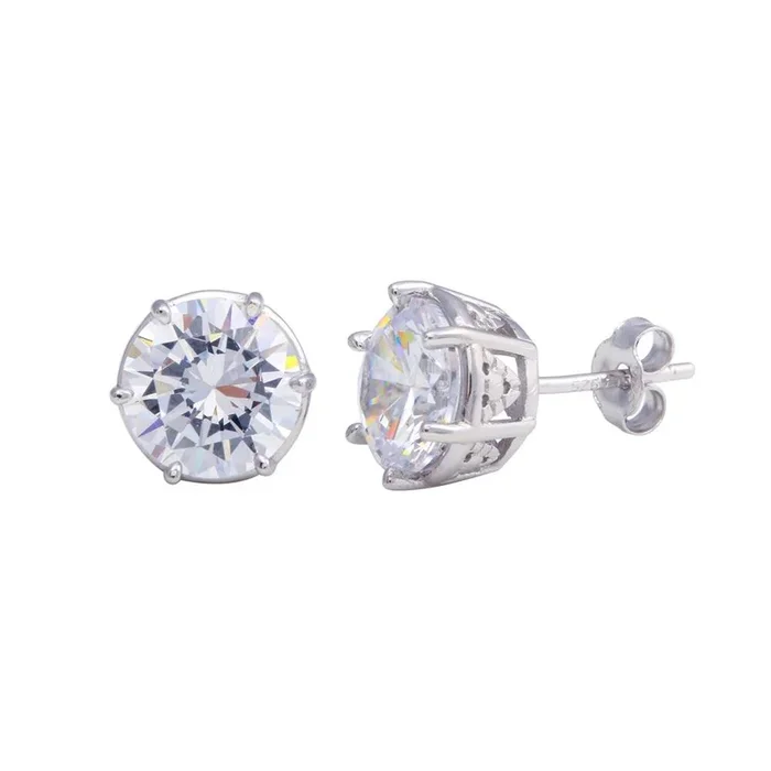 Rhodium Plated 925 Sterling Silver Crown Setting CZ Stud Earrings – STE01145