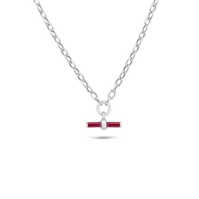 Rhodium Plated 925 Sterling Silver Curb Rolo Adjustable Enamel Red Bar Necklace – ITN00168-RH