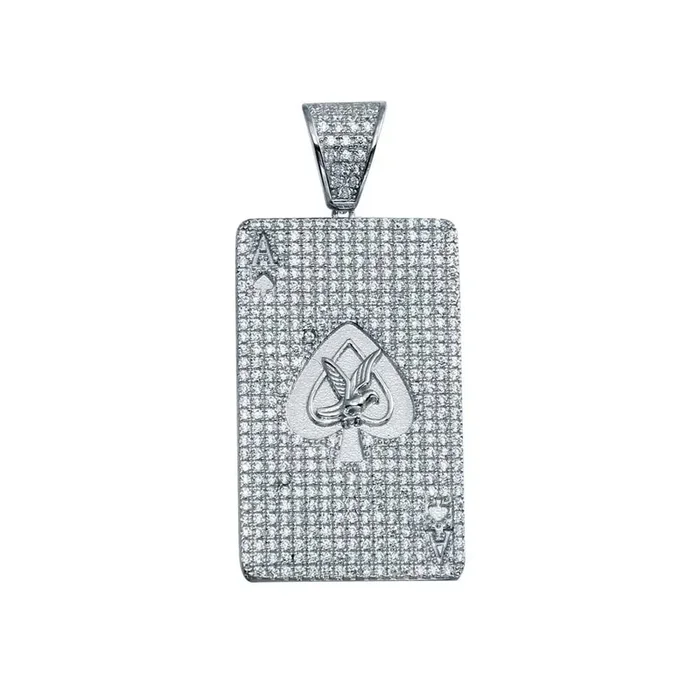 Rhodium Plated 925 Sterling Silver CZ Ace Card Hip Hop Pendant – SLP00026