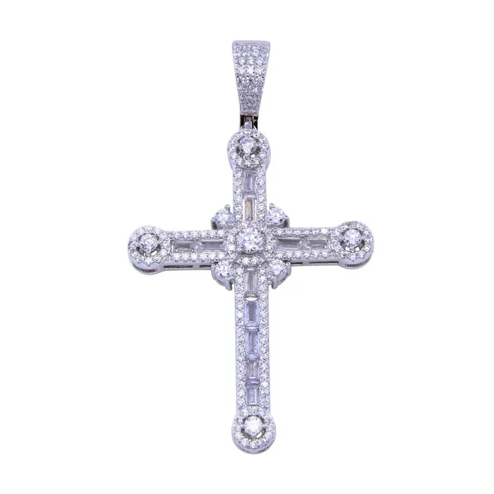 Rhodium Plated 925 Sterling Silver CZ Baguette Cross Pendant – SLP00322