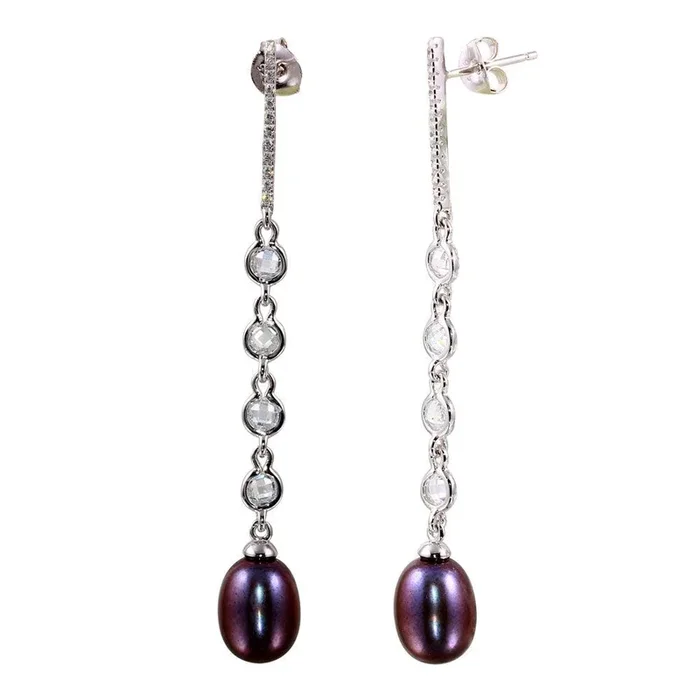 Rhodium Plated 925 Sterling Silver CZ Bar Fresh Water Black Pearl Drop Earrings – BGE00563
