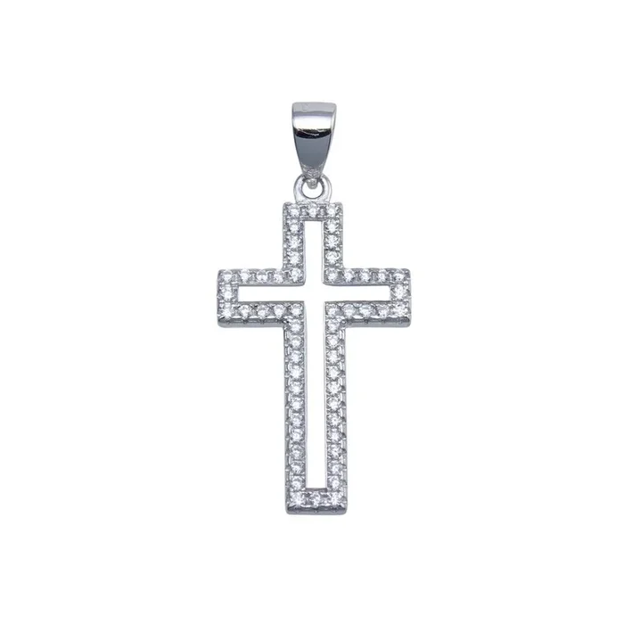 Rhodium Plated 925 Sterling Silver CZ Border Small Cross Hip Hop Pendant – SLP00096
