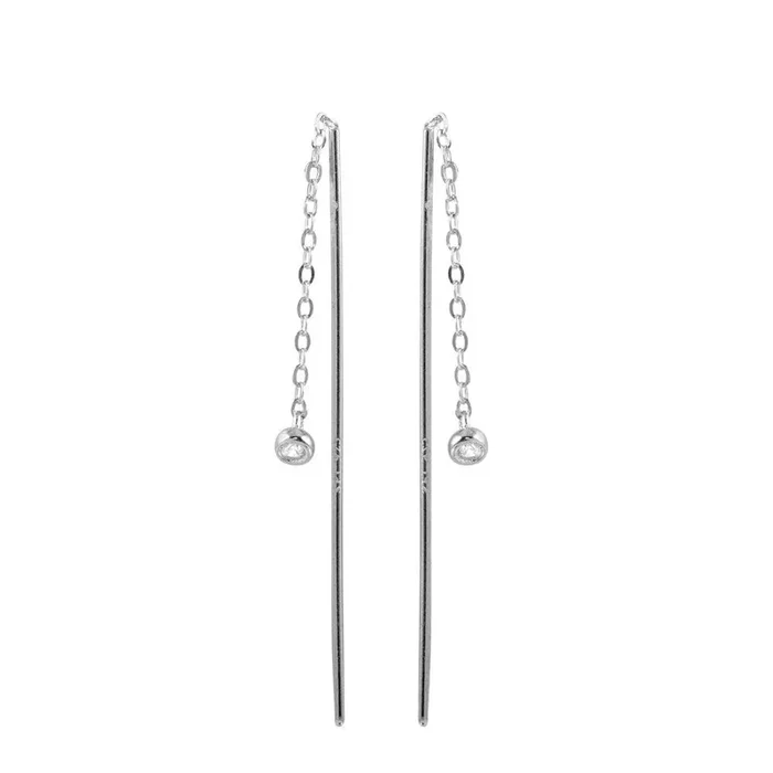 Rhodium Plated 925 Sterling Silver CZ Chain Dangling Earrings – STE01220