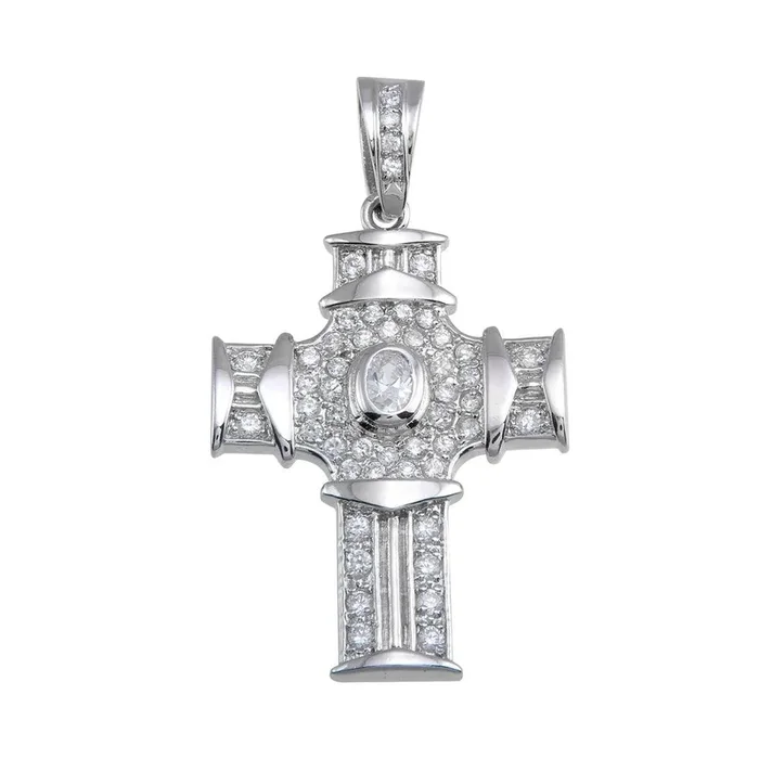 Rhodium Plated 925 Sterling Silver CZ Cross Hip Hop Pendant – SLP00172
