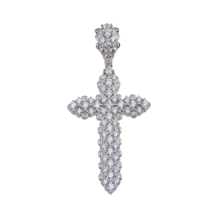 Rhodium Plated 925 Sterling Silver CZ Cross Hip Hop Pendant – SLP00183