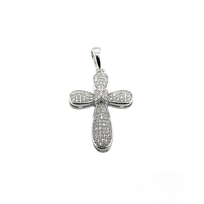Rhodium Plated 925 Sterling Silver CZ Cross Hip Hop Pendant – SLP00190