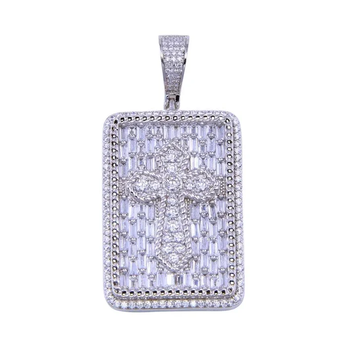 Rhodium Plated 925 Sterling Silver CZ Cross Tag Pendant – SLP00304