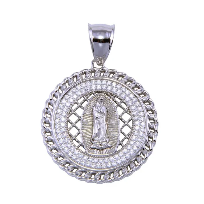 Rhodium Plated 925 Sterling Silver CZ Disc Lady of Guadalupe Pendant – SLP00285