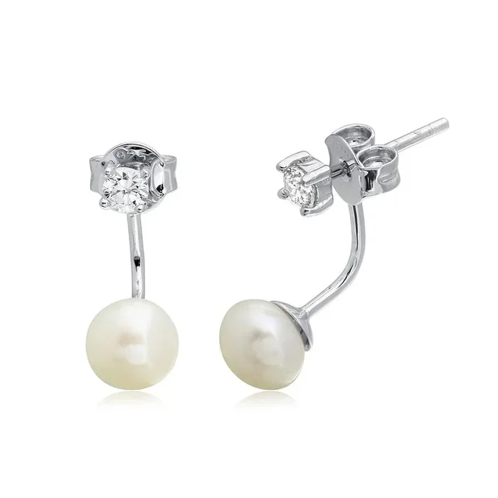 Rhodium Plated 925 Sterling Silver CZ Earrings with Hanging Fresh Water Pearls – BGE00473