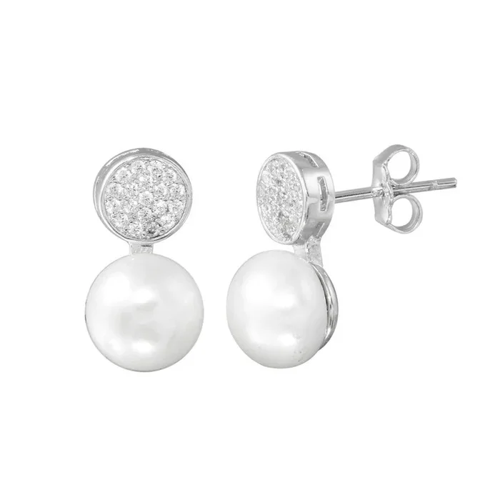 Rhodium Plated 925 Sterling Silver CZ Encrusted Disc Dangling Pearl Earring – BGE00628