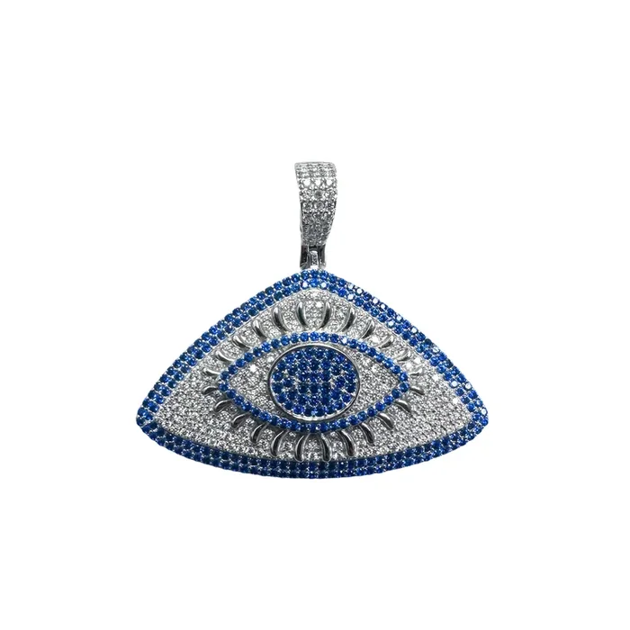 Rhodium Plated 925 Sterling Silver CZ Encrusted Eye Clear and Blue CZ Pendant – SLP00339-BLUE