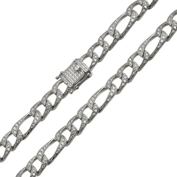 Rhodium Plated 925 Sterling Silver CZ Encrusted Figaro Chains 8.2mm – CHCZ112 RH
