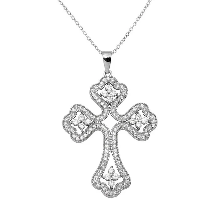 Rhodium Plated 925 Sterling Silver CZ Encrusted Open Cross Necklace – BGP01141CLR