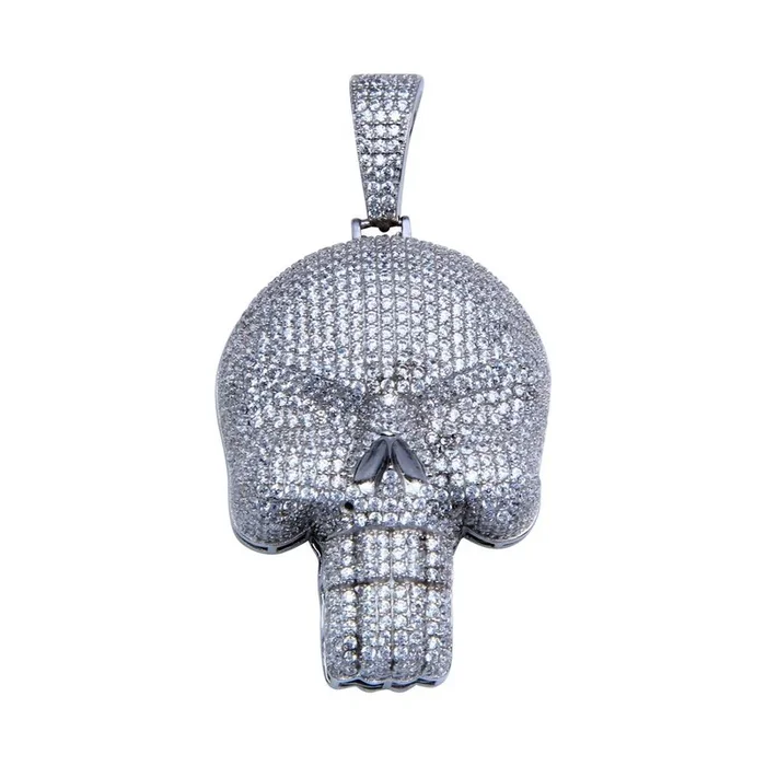 Rhodium Plated 925 Sterling Silver CZ Encrusted Skull Hip Hop Pendant – SLP00252