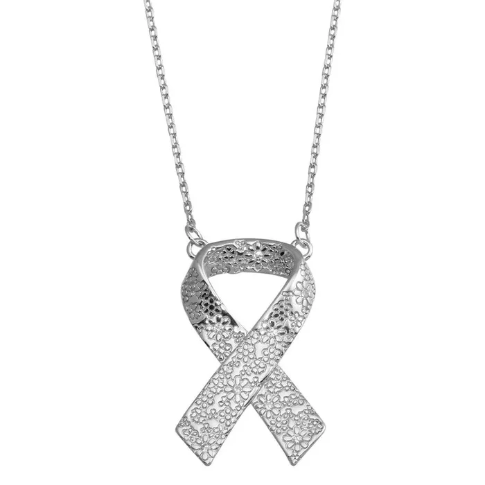 Rhodium Plated 925 Sterling Silver CZ Flower Design Ribbon Necklace – BGP01376