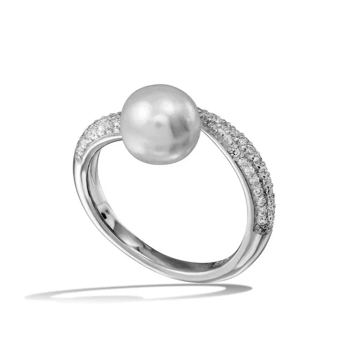 Rhodium Plated 925 Sterling Silver CZ Fresh Water Pearl Center Ring – BGR01124