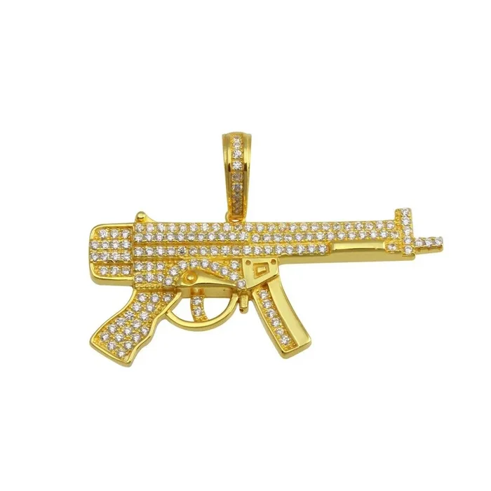 Rhodium Plated 925 Sterling Silver CZ Gun Hip Hop Pendant – SLP00200GP