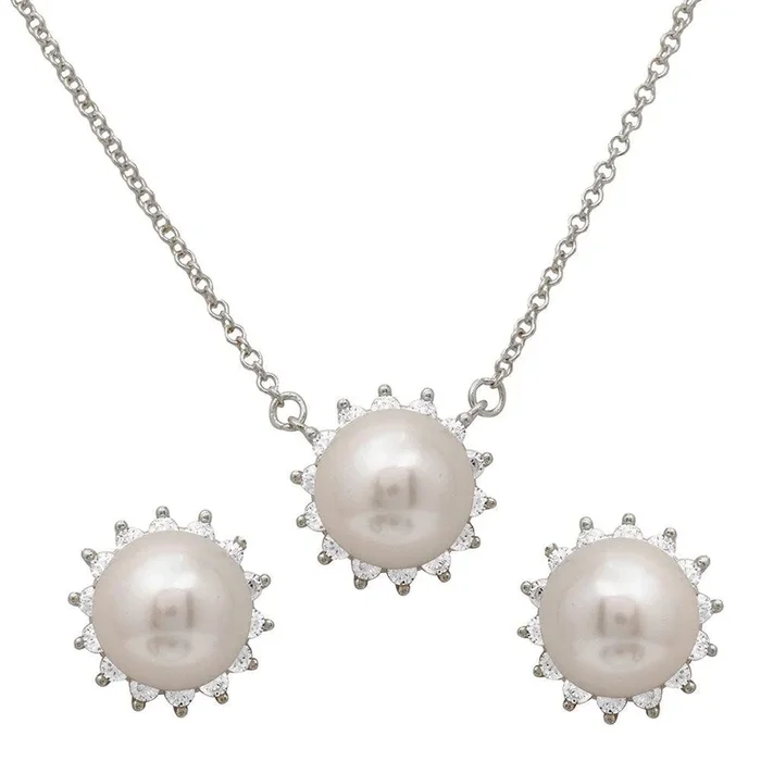 Rhodium Plated 925 Sterling Silver CZ Halo Fresh Water Center Pearl Set – GMS00027