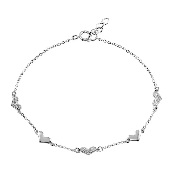 Rhodium Plated 925 Sterling Silver CZ Hearts Chain Bracelet – BGB00317