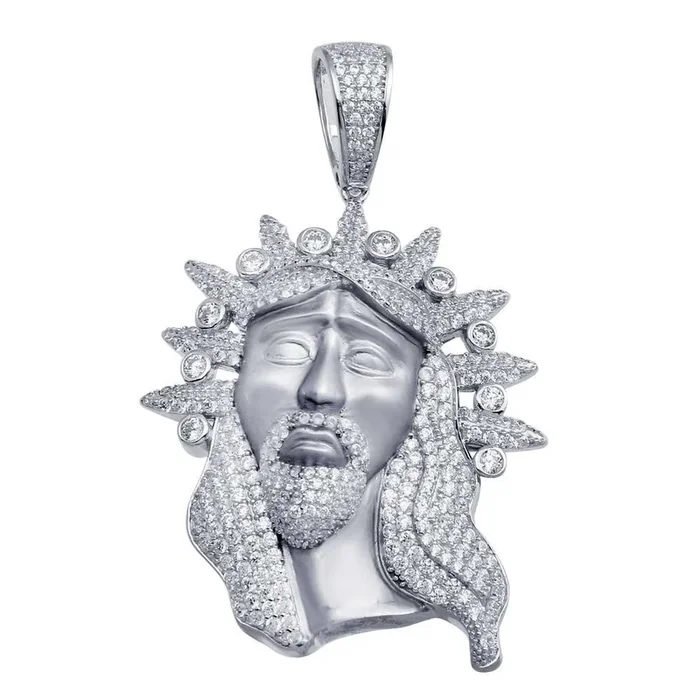Rhodium Plated 925 Sterling Silver CZ Jesus Piece Hip Hop Pendant – SLP00003