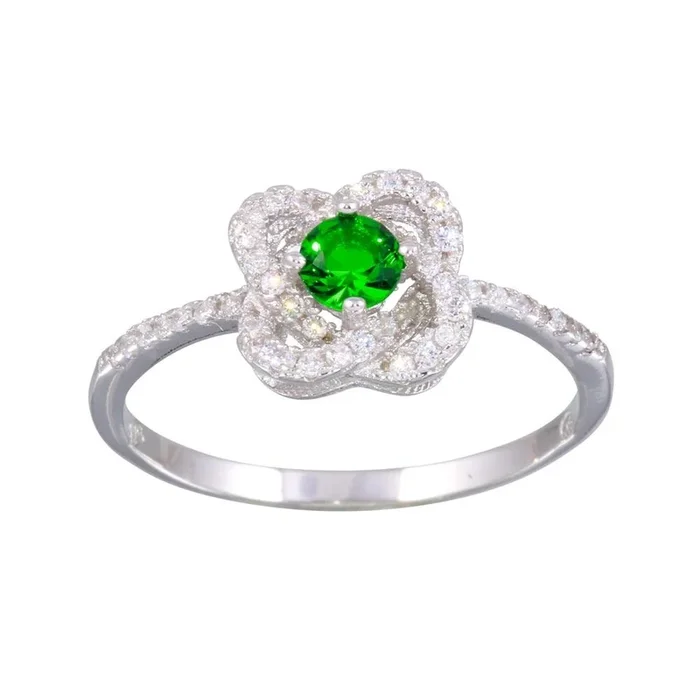 Rhodium Plated 925 Sterling Silver CZ Knot Green Center Stone Ring – BGR01141GRN