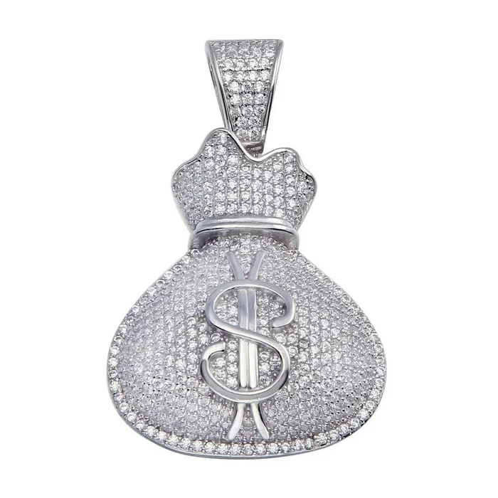 Rhodium Plated 925 Sterling Silver CZ Money Bag Hip Hop Pendant – SLP00066.