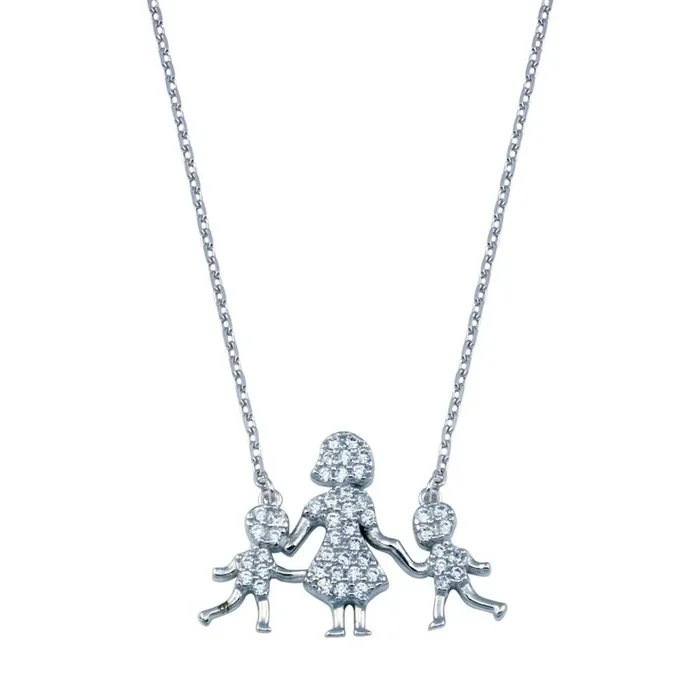 Rhodium Plated 925 Sterling Silver CZ Mother and Two Sons Clear CZ Necklace – GMN00116