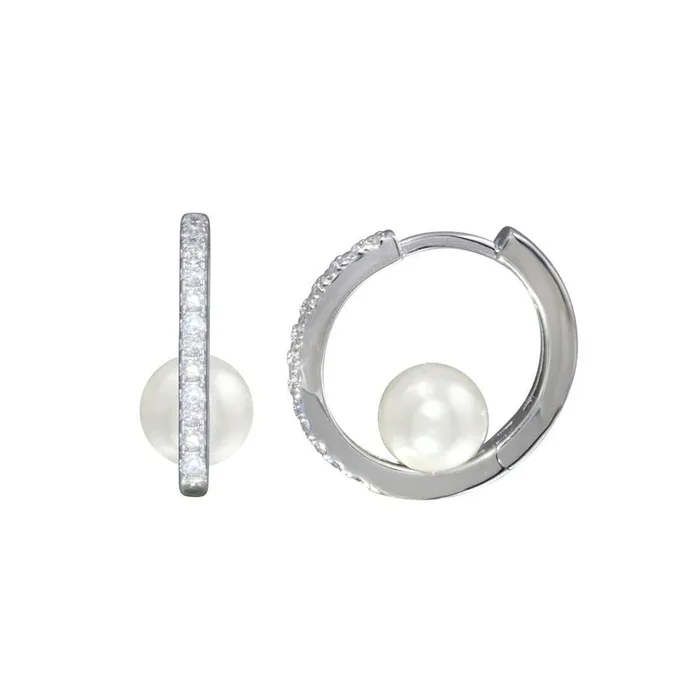 Rhodium Plated 925 Sterling Silver CZ Pearl Center Hoop Earring – STE01322
