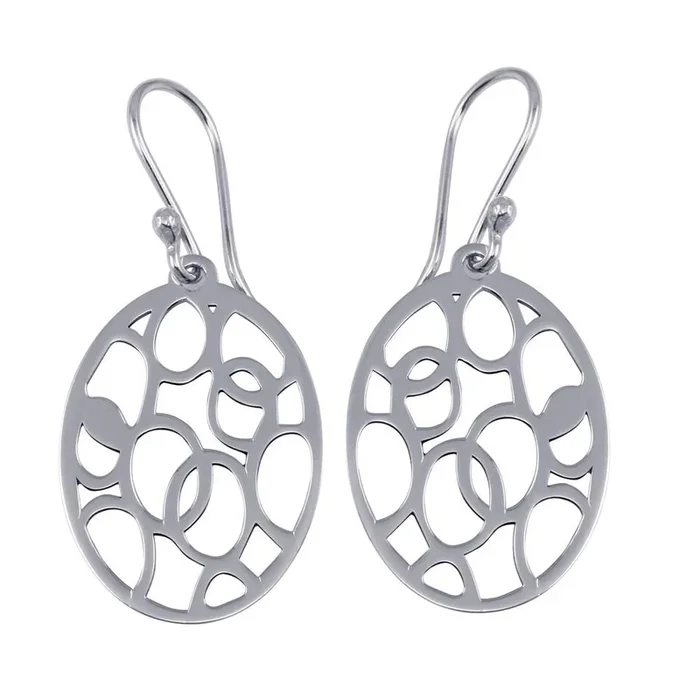 Rhodium Plated 925 Sterling Silver Dangling Flat Oval Earrings with Circle Designs – TRE00009