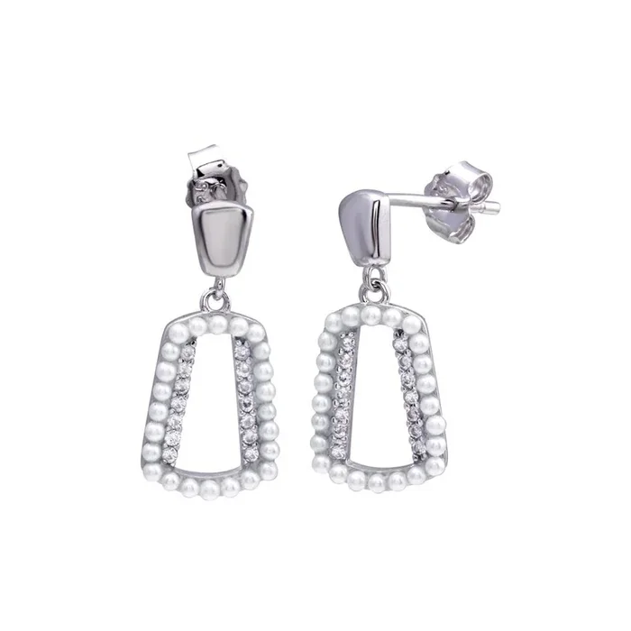 Rhodium Plated 925 Sterling Silver Dangling Open Halo Pearl and CZ Earring – STE01321