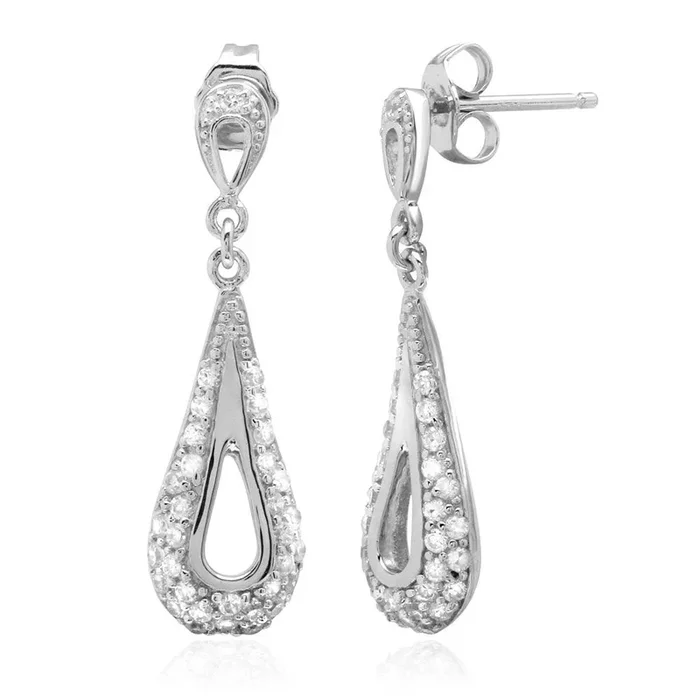 Rhodium Plated 925 Sterling Silver Dangling Open Teardrop Earrings with CZ – ACE00034