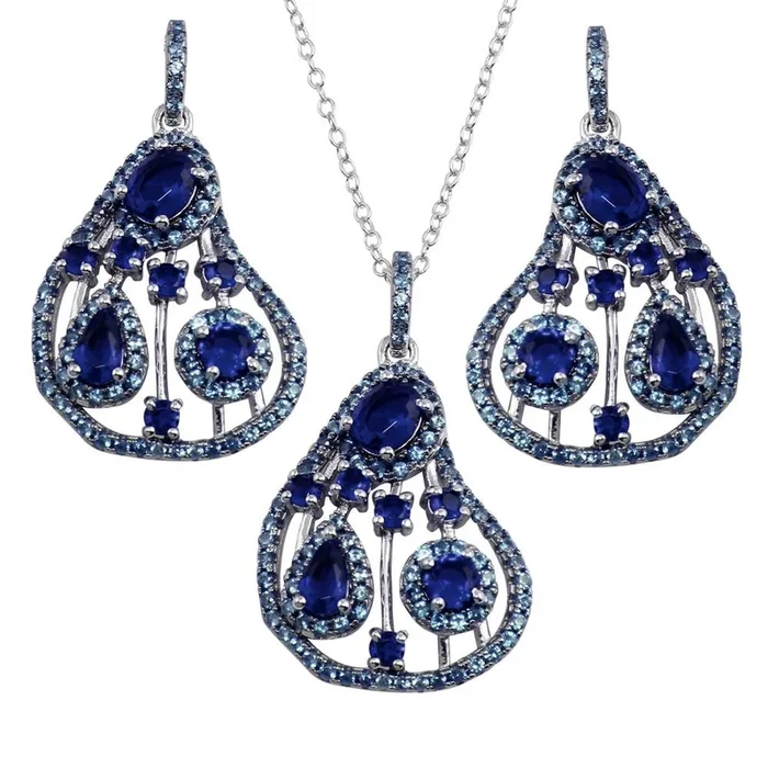 Rhodium Plated 925 Sterling Silver Dangling Pear-Shaped Necklace and Earrings Set with Blue CZ – BGS00570BLU