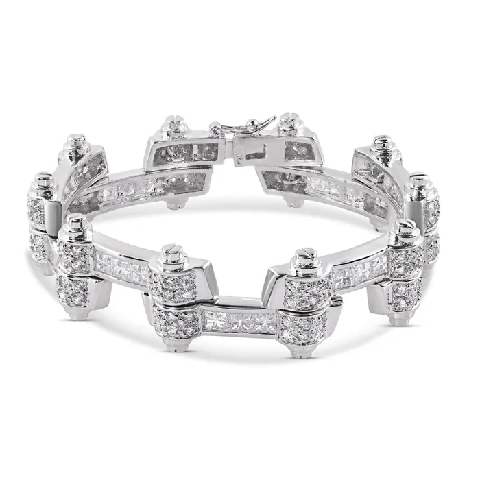 Rhodium Plated 925 Sterling Silver DC CZ Alternating Hinge Men’s Bracelet – STBM00009