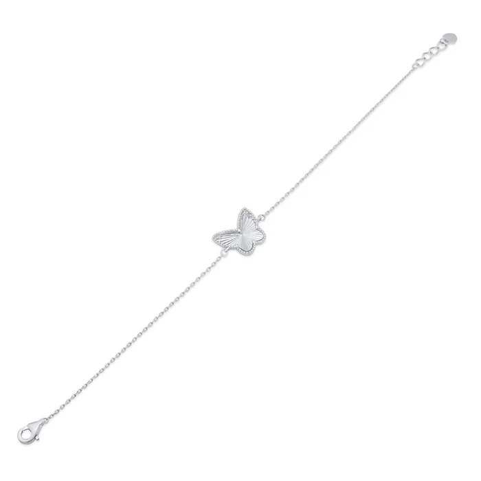 Rhodium Plated 925 Sterling Silver Diamond Cut Butterfly Charm 15.3mm x 12mm Adjustable Bracelet – PXB00002