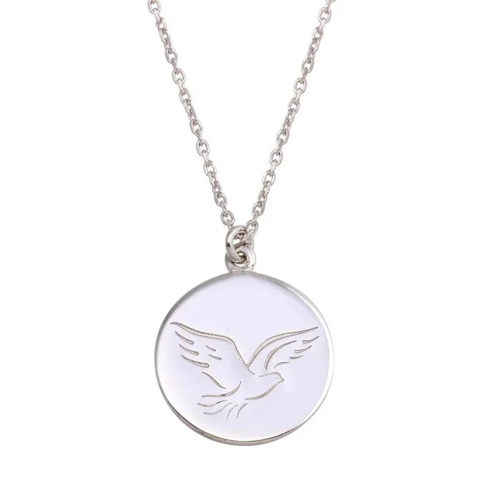 Rhodium Plated 925 Sterling Silver Disc With Dove Words Necklace – SOP00129