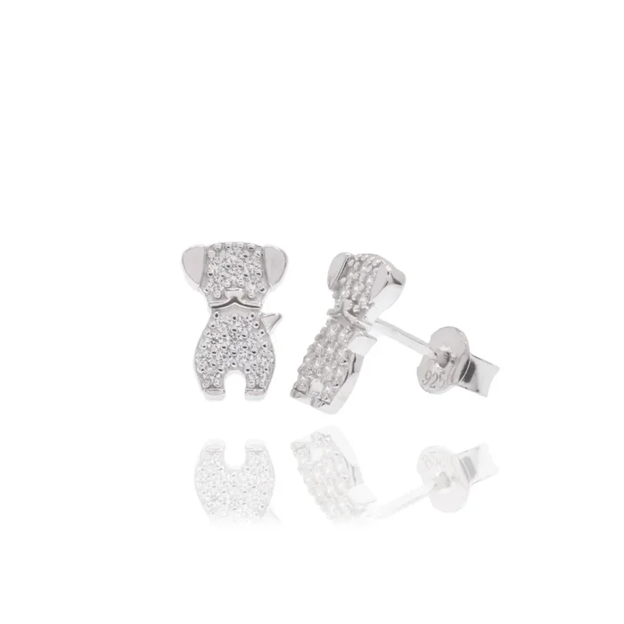 Rhodium Plated 925 Sterling Silver Dog Studded Clear CZ 6.7mm x 10mm Stud Earrings – BGE00753