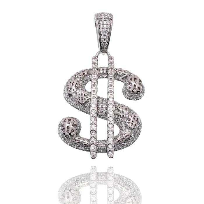 Rhodium Plated 925 Sterling Silver Dollar Sign CZ Studded 28mm x 41mm Pendant – SLP00479