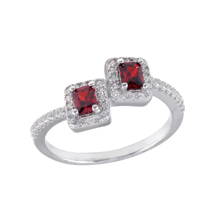 Rhodium Plated 925 Sterling Silver Double Square Red Center CZ Ring – BGR01254RED