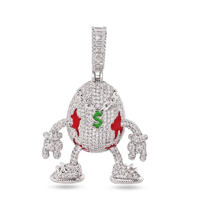Rhodium Plated 925 Sterling Silver Egg Shaped Hip Hop Clear CZ Red and Green Enamel Pendant – SLP00376
