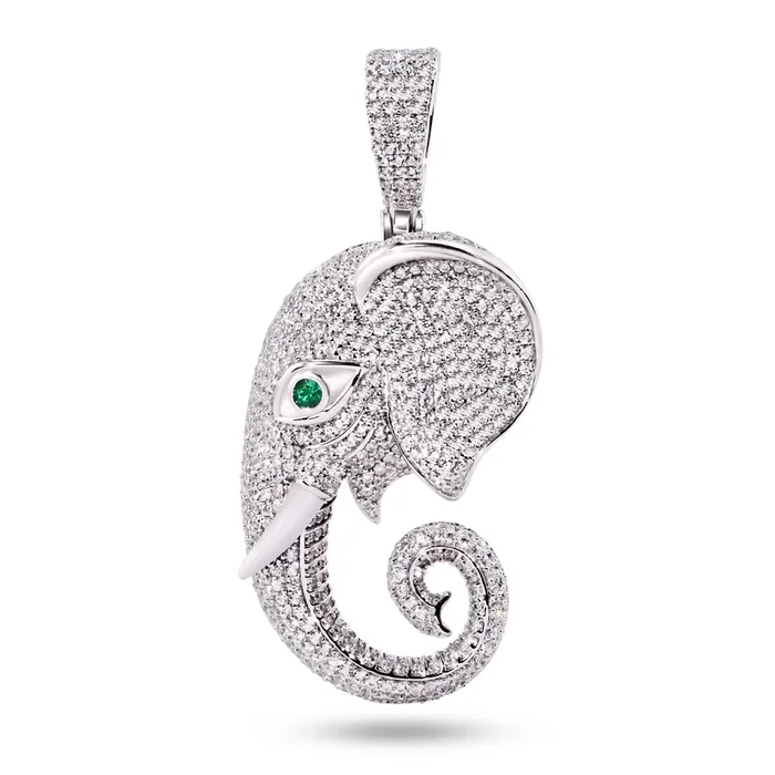 Rhodium Plated 925 Sterling Silver Elephant Green Eye and Clear CZ Pendant – SLP00406