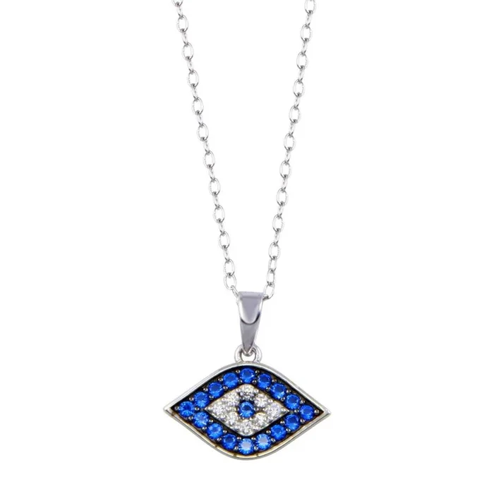 Rhodium Plated 925 Sterling Silver Evil Eye Blue and Clear CZ Necklace – BGP01411