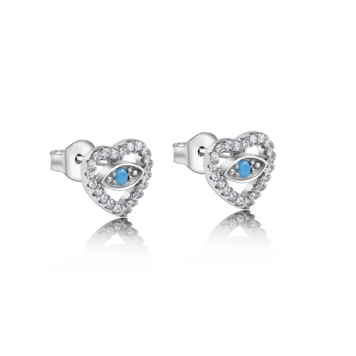 Rhodium Plated 925 Sterling Silver Evil Eye Heart Clear CZ Stud Earrings – BGE00750