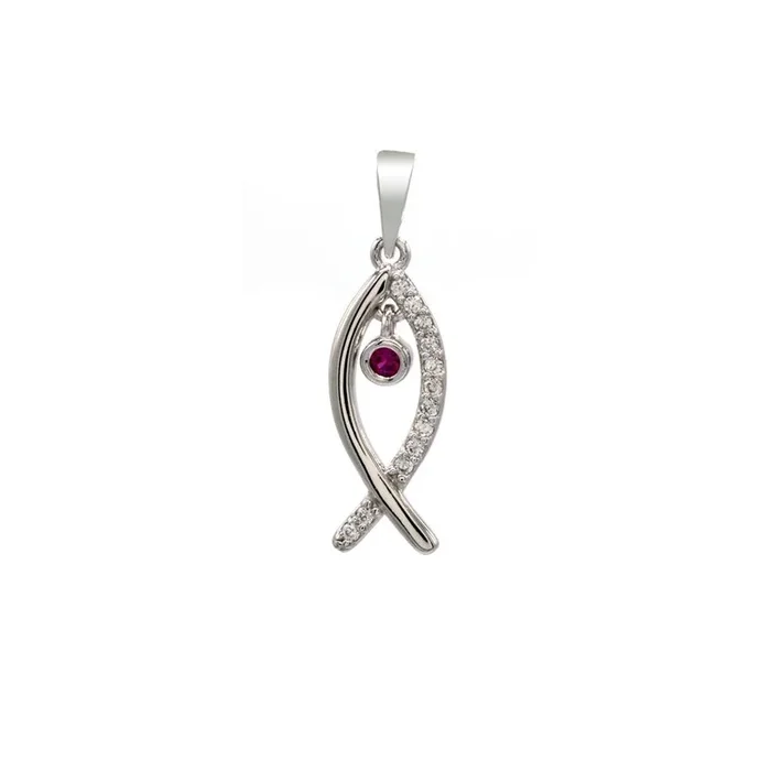 Rhodium Plated 925 Sterling Silver Fish Pendant with Clear and Pink CZ – BGP01378
